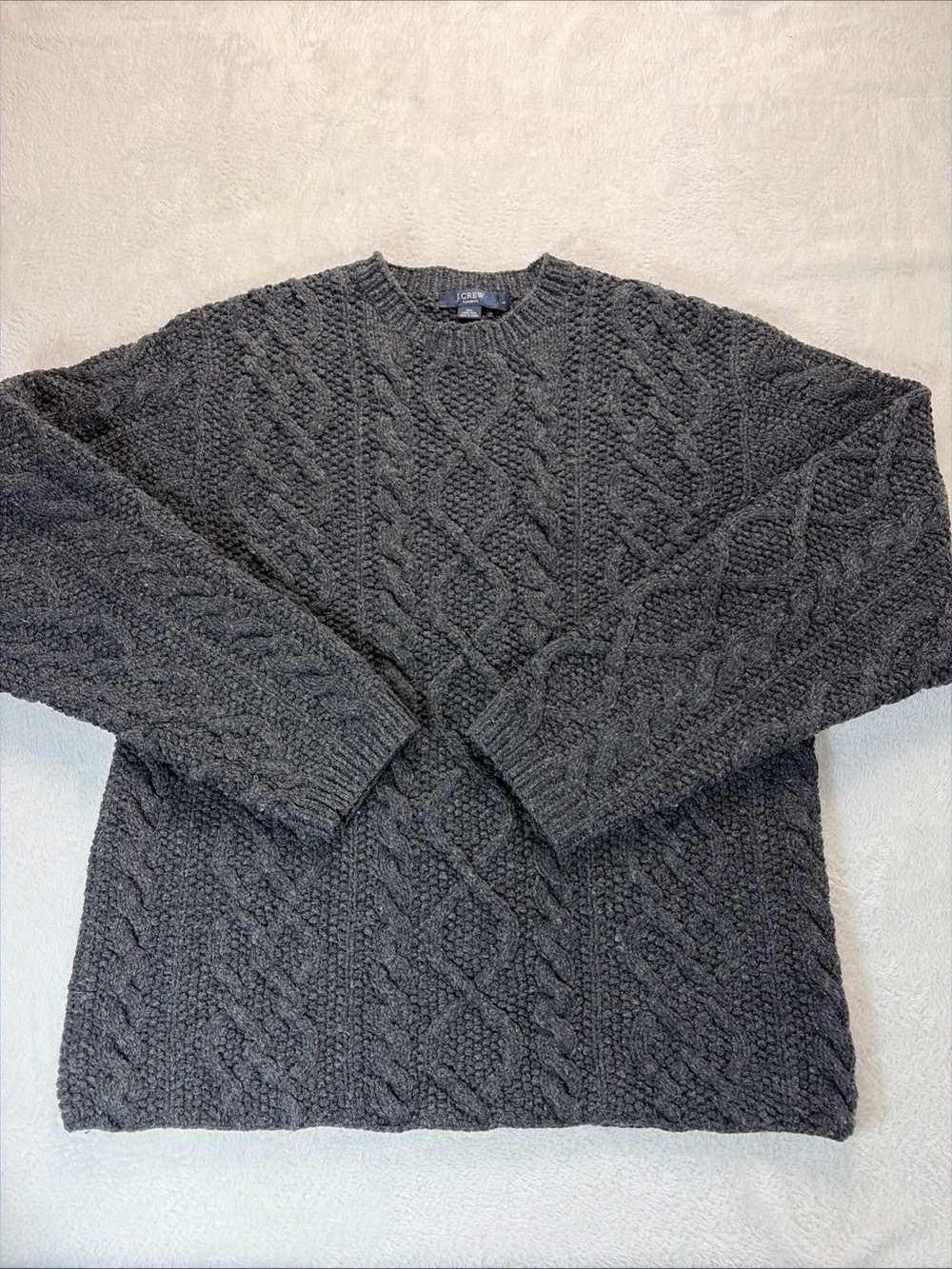 J.Crew Sweater Mens L Dark Gray 100% Lambswool Cable Knit Handknit Fisherman